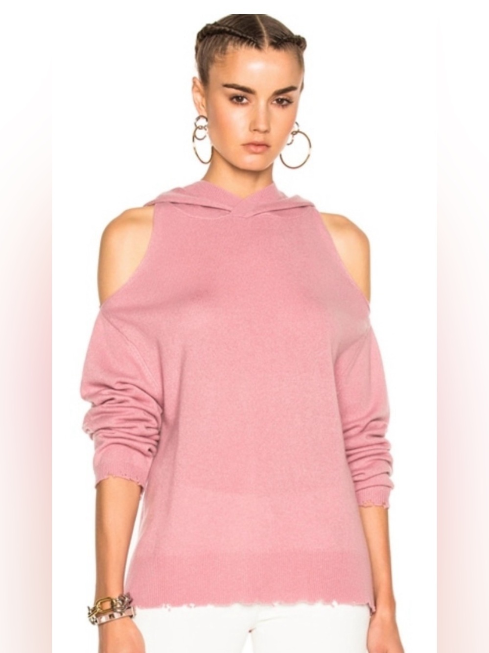 RtA Juno Cold-Shoulder Distressed Cashmere Hoodie - Size Medium designer cozy